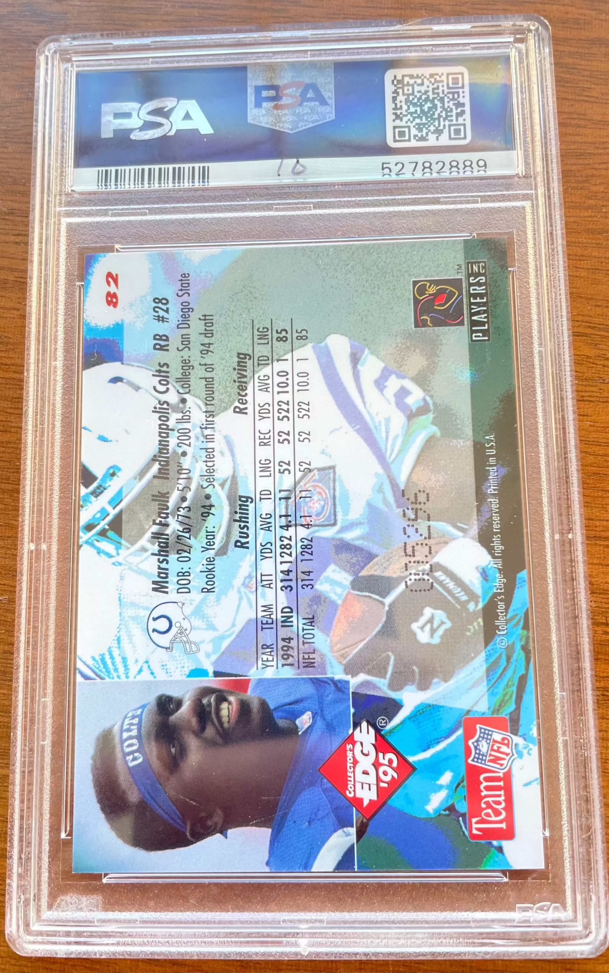 Edge Black Label 82 Marshall Faulk PSA 9 football card in protective case.