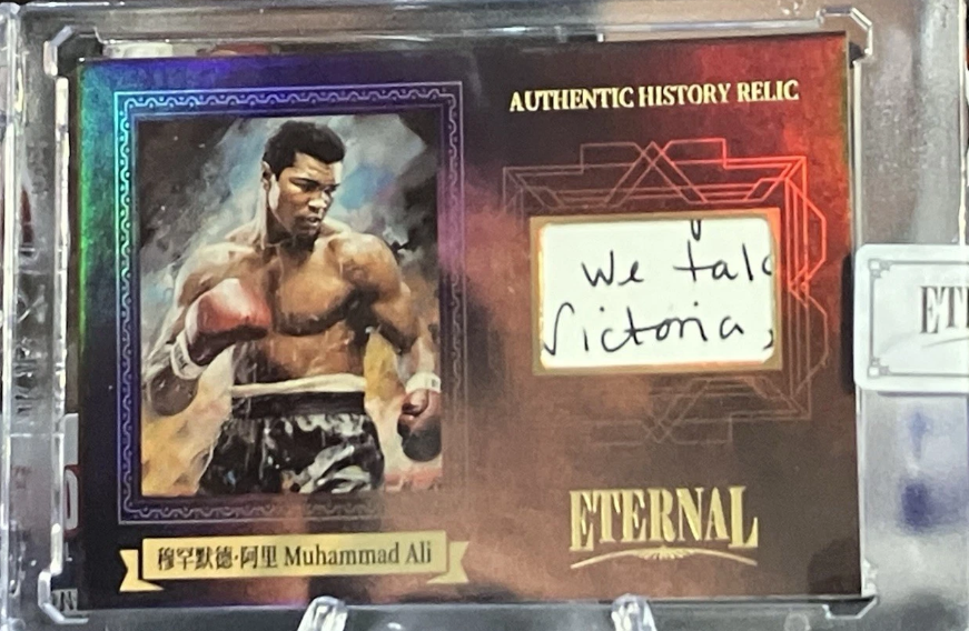 Eternal Muhammad Ali authentic history relic card with handwritten manuscript fragment featuring word Victoria