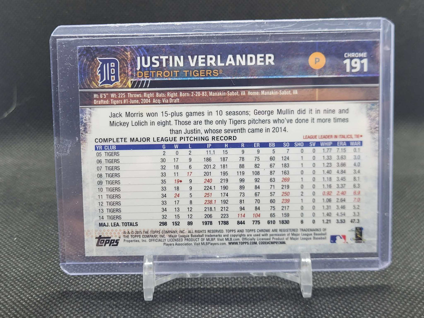 Justin Verlander 2015 Topps Chrome Refracter card