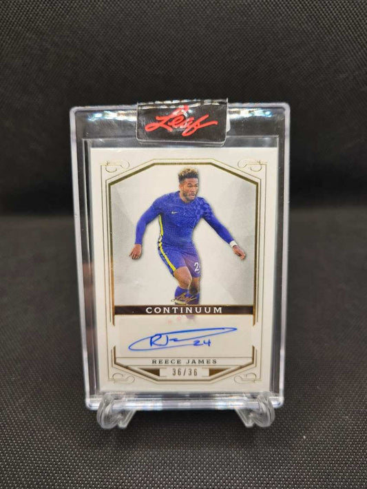 2022 Leaf Continuum Soccer Reece James signed card, limited edition #36/36, Chelsea exclusive collectible.