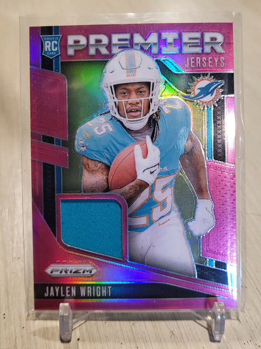Jaylen Wright 2024 Panini Prizm Pink Jersey RC sports card.