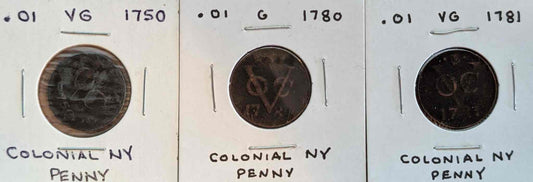 Colonial New York VOC Duit copper coins from 1750, 1780, and 1781 in VG/G condition.