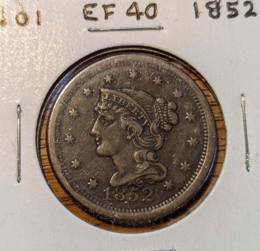 1852 Braided Hair Large Cent, extremely fine condition.