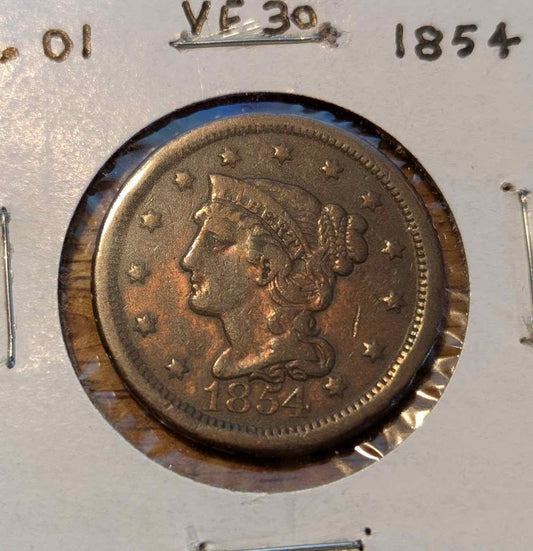 1854 Braided Hair Large Cent with intricate design, perfect for collectors.
