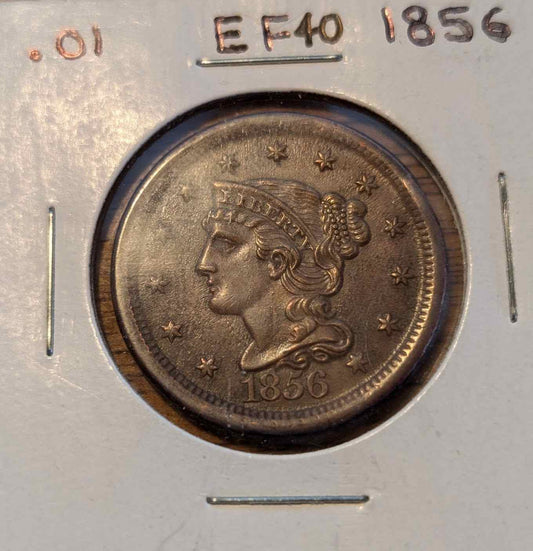 1856 Braided Hair Large Cent coin with slanting 5 design.