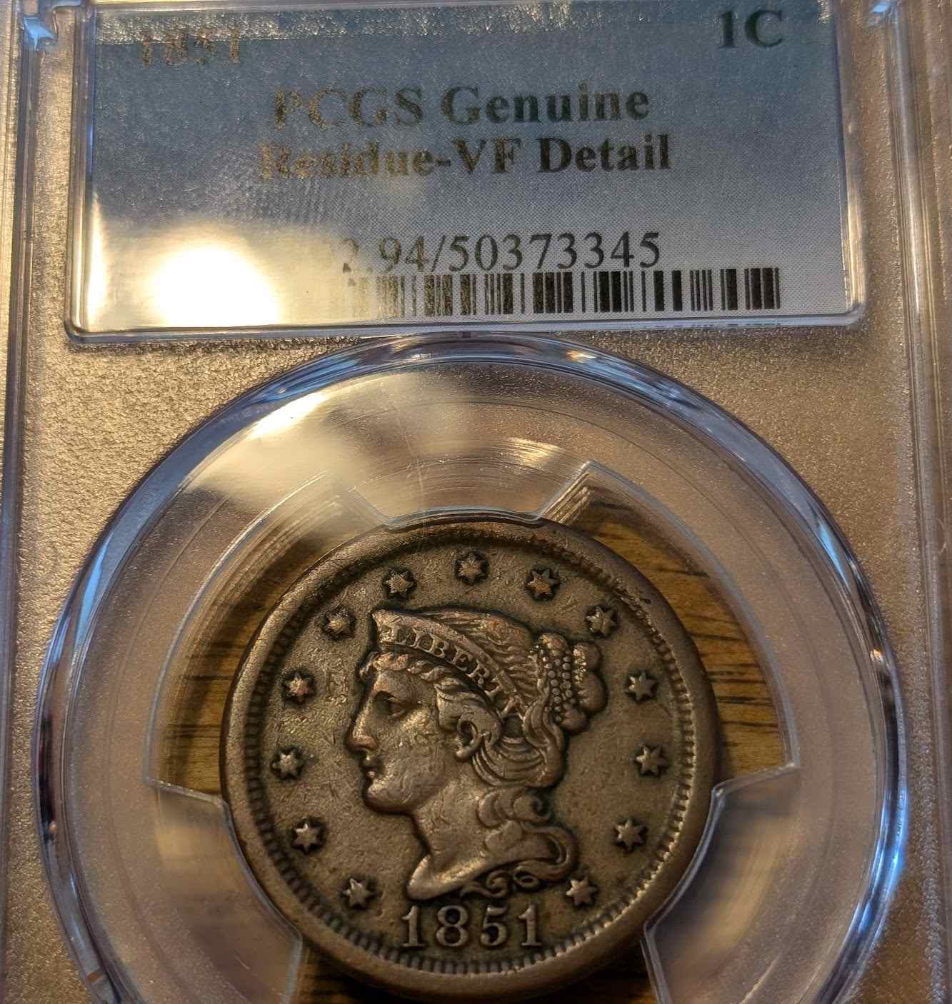 1851 Braided Hair Large Cent VF20, certified coin with sharp details.