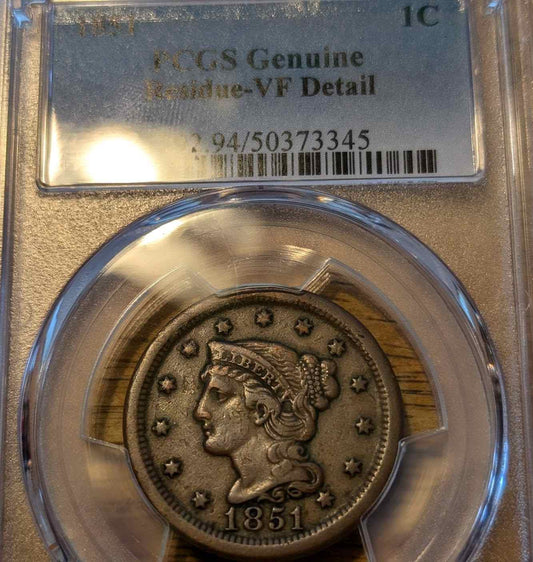 1851 Braided Hair Large Cent VF20, certified coin with sharp details.