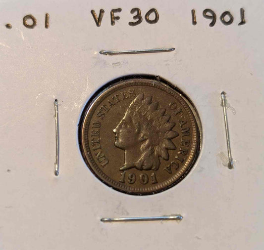 1901 Indian Head Cent coin, VF30 condition, showcasing historical details.