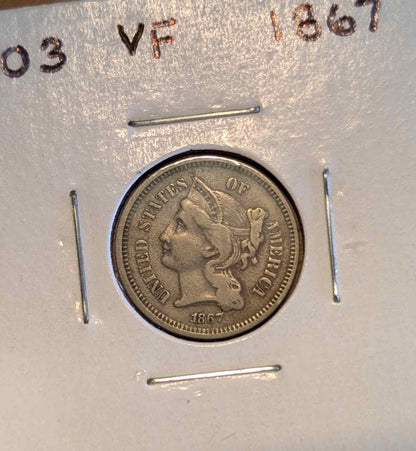 1867 Three-Cent Piece nickel coin in very fine condition.