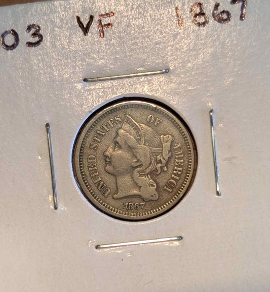 1867 Three-Cent Piece nickel coin in very fine condition.