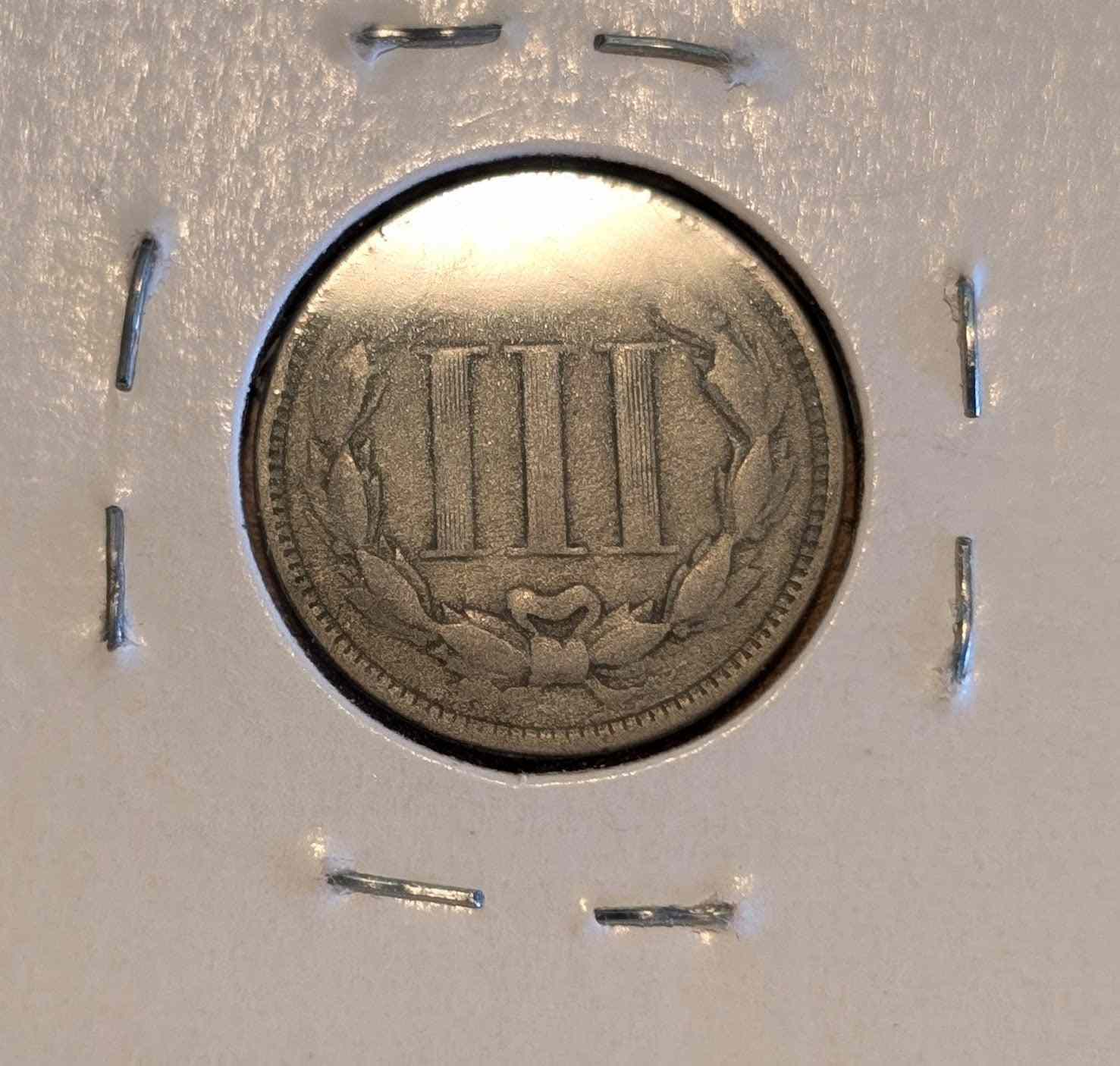 1867 Three-Cent Piece nickel coin in very fine condition.
