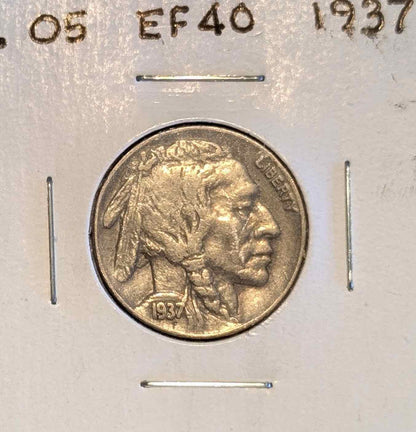 1937 Buffalo Nickel featuring Native American and American bison design.