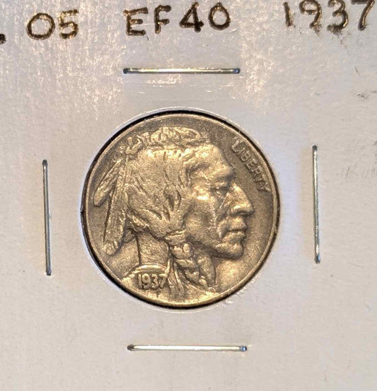 1937 Buffalo Nickel featuring Native American and American bison design.