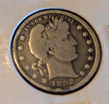 1892 Barber Quarter coin with minor wear showing historical design and craftsmanship.