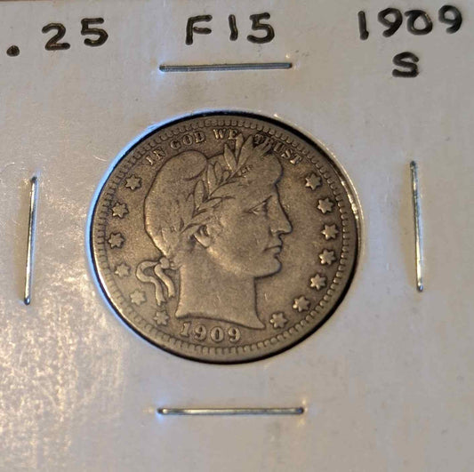 1909 S Barber Quarter coin with intricate details and historical craftsmanship.