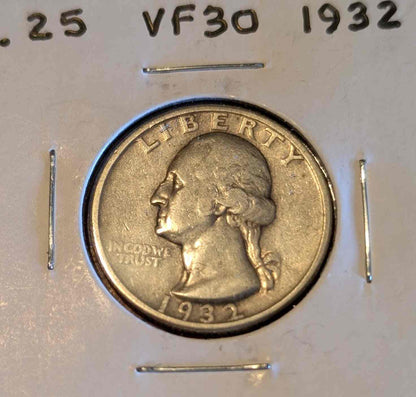 1932 Washington Quarter, 90% silver coin with George Washington portrait, fine condition, ideal for collectors.