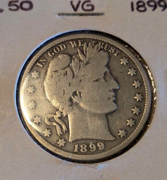 1899 Barber Half coin with intricate design, 90% silver, 10% copper.