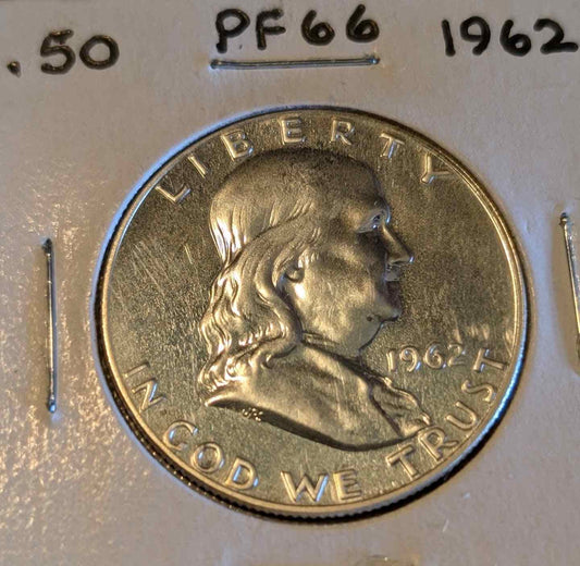 1962 Franklin Half Dollar coin in pristine condition with intricate details.