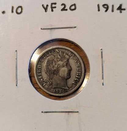 1914 Barber Dime VF20 collectible coin.