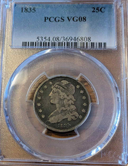 1835 Capped Bust Quarter VG08 collectible coin in protective case.