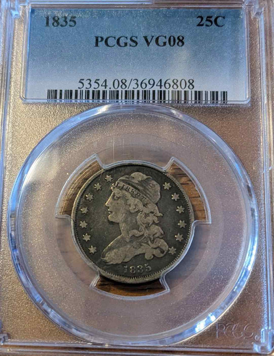 1835 Capped Bust Quarter VG08 collectible coin in protective case.