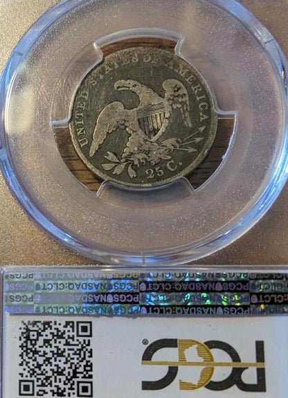 1835 Capped Bust Quarter VG08 in protective casing, showcasing historical design.