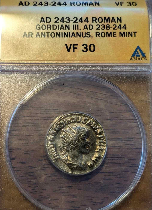 Ancient Roman Gordian III coin, AD 238-244, Rome Mint, VF30 condition.