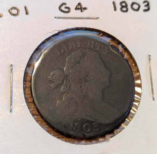 1803 Draped Bust Large Cent coin with small date and large fraction, G4 graded.