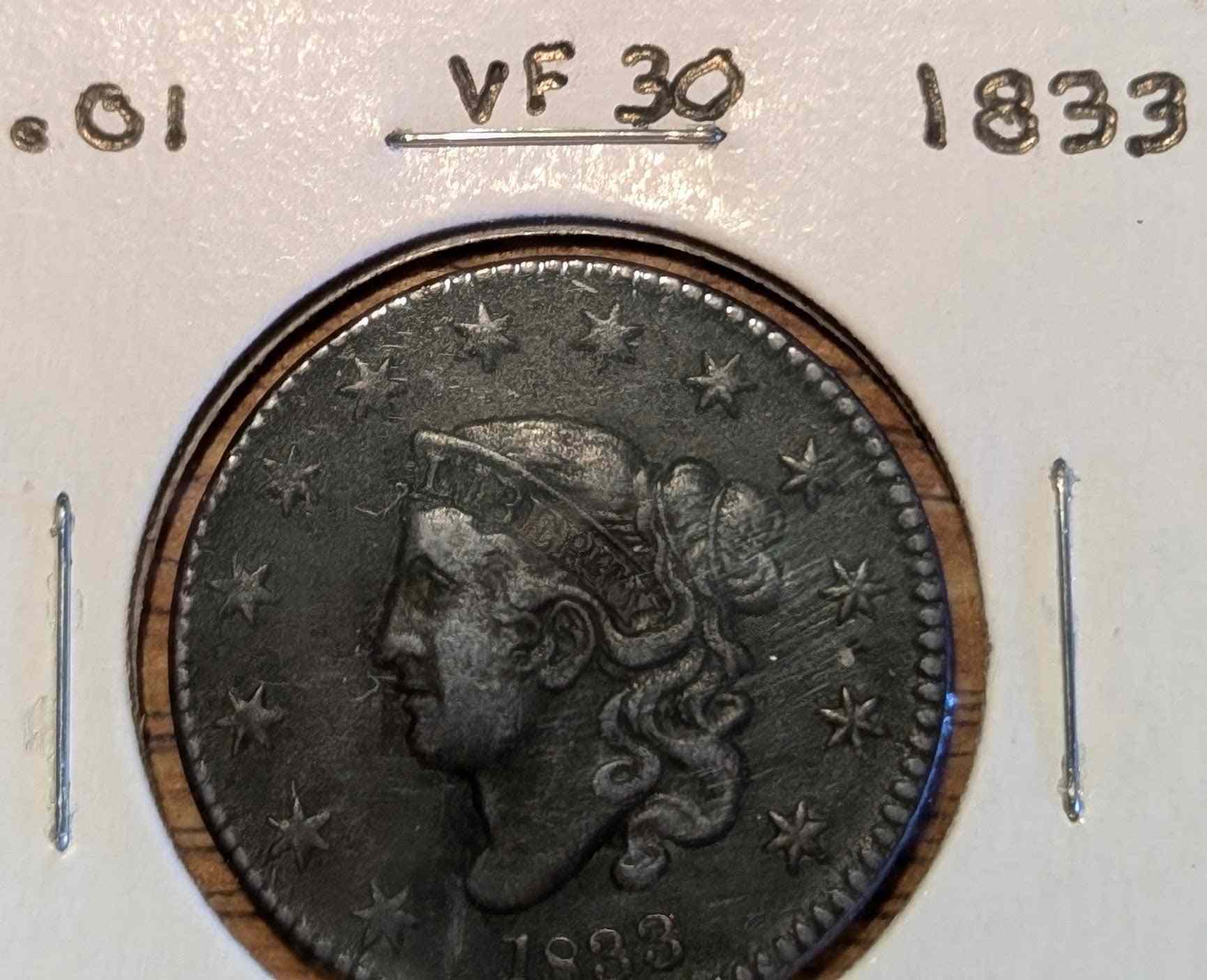 1833 Matron Head Large Cent, historical rare coin with intricate detailing.