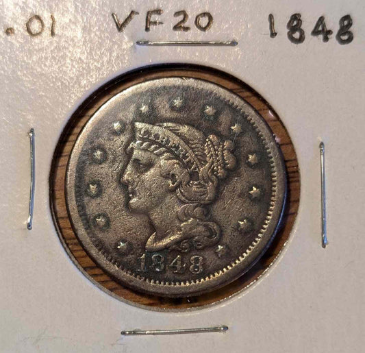 1848 Braided Hair Large Cent coin, featuring intricate design and vintage charm.