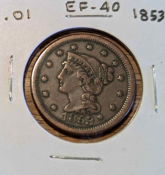 1853 Braided Hair Large Cent EF40 coin showcasing braided hair design.