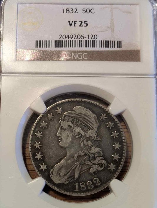 1832 Capped Bust Half coin VF25 with intricate designs.