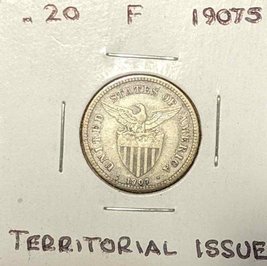 1907 Philippine twenty-cent piece coin, territorial issue, rare collectible.