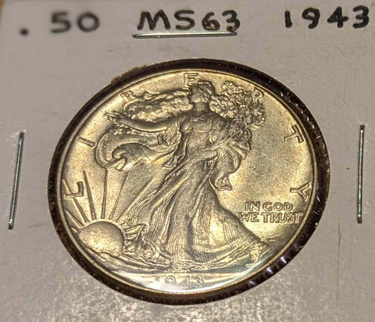1943 Walking Liberty Half coin, 90% silver, Lady Liberty with olive and oak branches.
