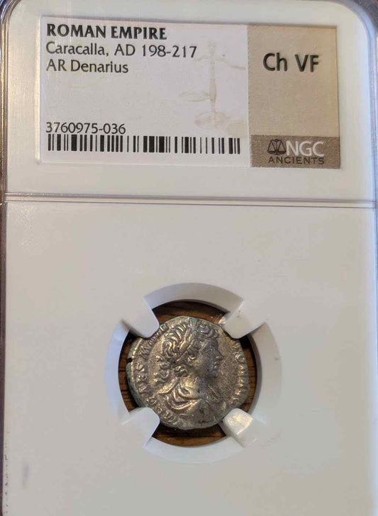 Roman Empire Caracalla AR Denarius coin, 198-217 AD, in VF35 condition, Rome Mint.