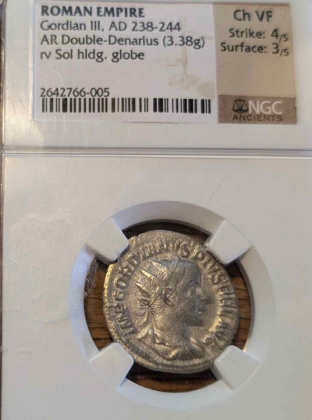 238-244 AD Roman Empire Gordian III double-denarius coin in VF condition.