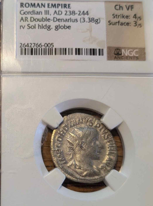 238-244 AD Roman Empire Gordian III double-denarius coin in VF condition.