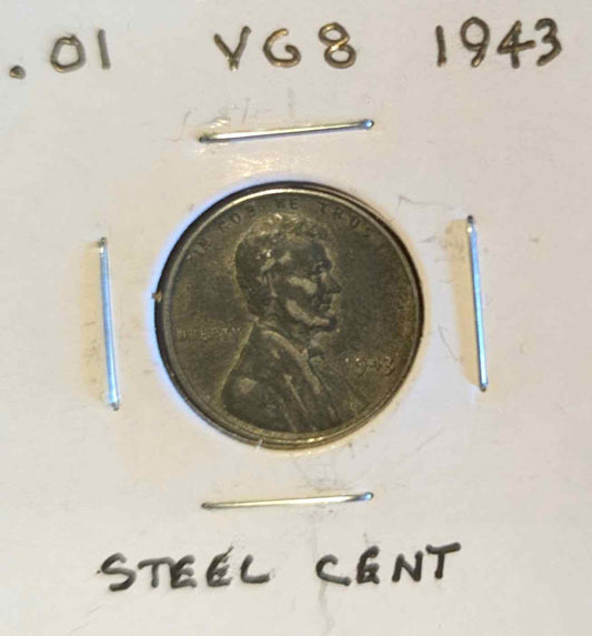 1943 Lincoln cent steel coin, no mint mark, WWII era, rare collector's item.
