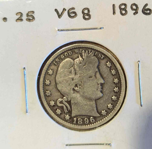 1896 Barber Quarter coin in VG8 condition with detailed design.