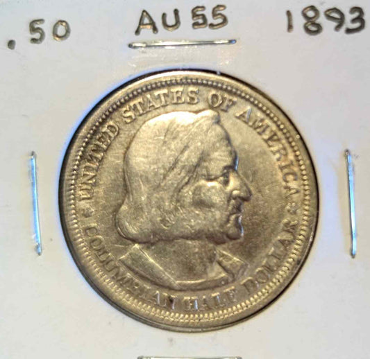 1893 Columbian Half Dollar coin, almost uncirculated condition, featuring historical detail.