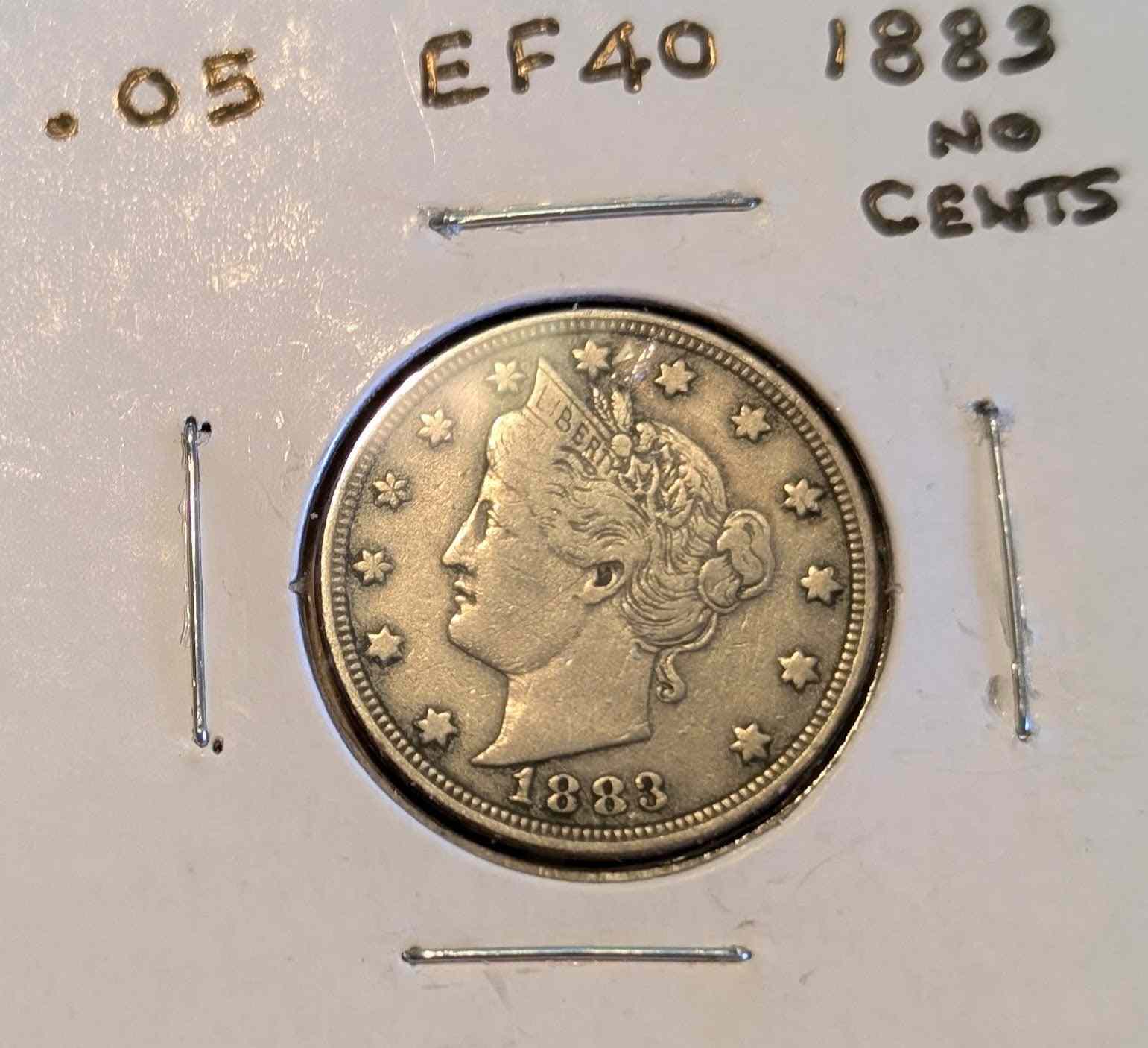 1883 Liberty Head Nickel no cents coin in EF40 condition.