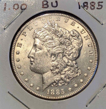 1885 Morgan Silver Dollar in brilliant uncirculated condition, historical coin collectible.