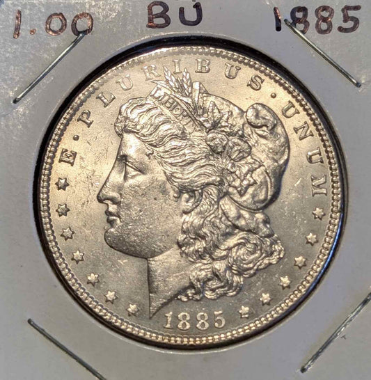 1885 Morgan Silver Dollar in brilliant uncirculated condition, historical coin collectible.
