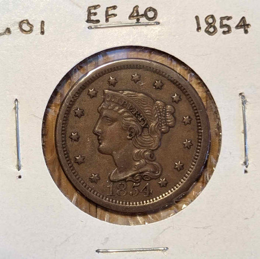 1854 Braided Hair Large Cent in extremely fine condition, rare collectible coin.