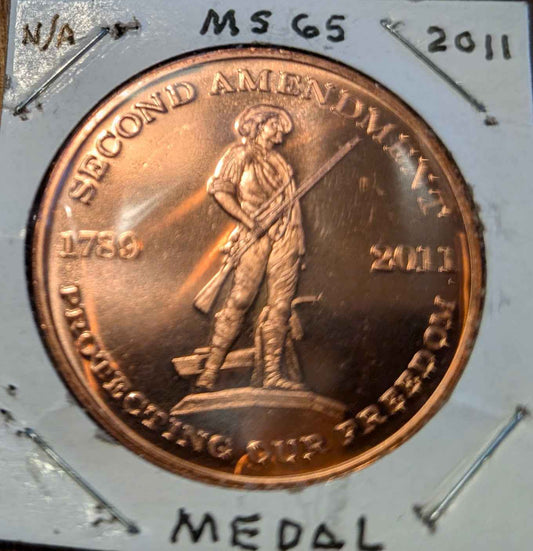 2011 Second Amendment Medal MS65 condition, collectible coin celebrating the right to bear arms.