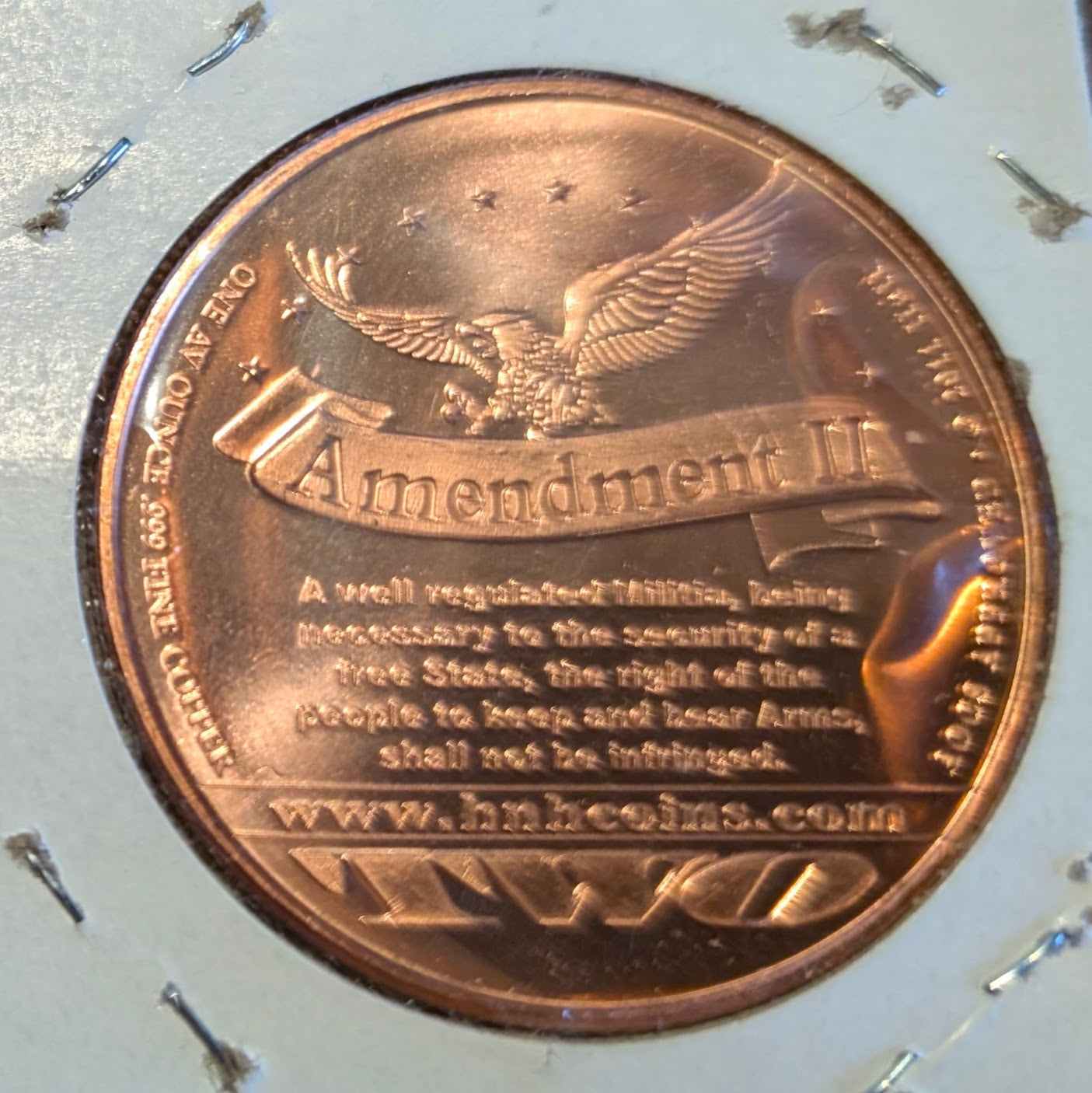 2011 Second Amendment Medal in mint state condition, featuring an eagle and inscription, highlighting the right to bear arms.
