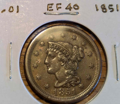 1851 Braided Hair Large Cent in extremely fine condition showcasing intricate braids and historical detail.
