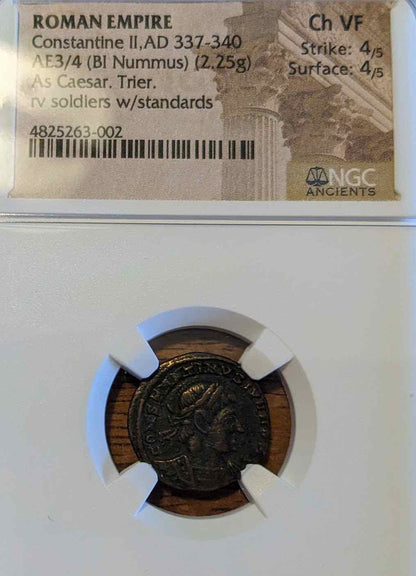 Roman Constantine II coin 337-340 AD, featuring Caesar design, VF35 condition, 2.25g.