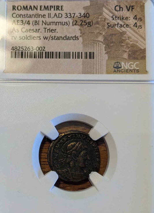 Roman Constantine II coin 337-340 AD, featuring Caesar design, VF35 condition, 2.25g.