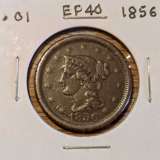 1856 Braided Hair Large Cent with upright 5 design in extremely fine condition.